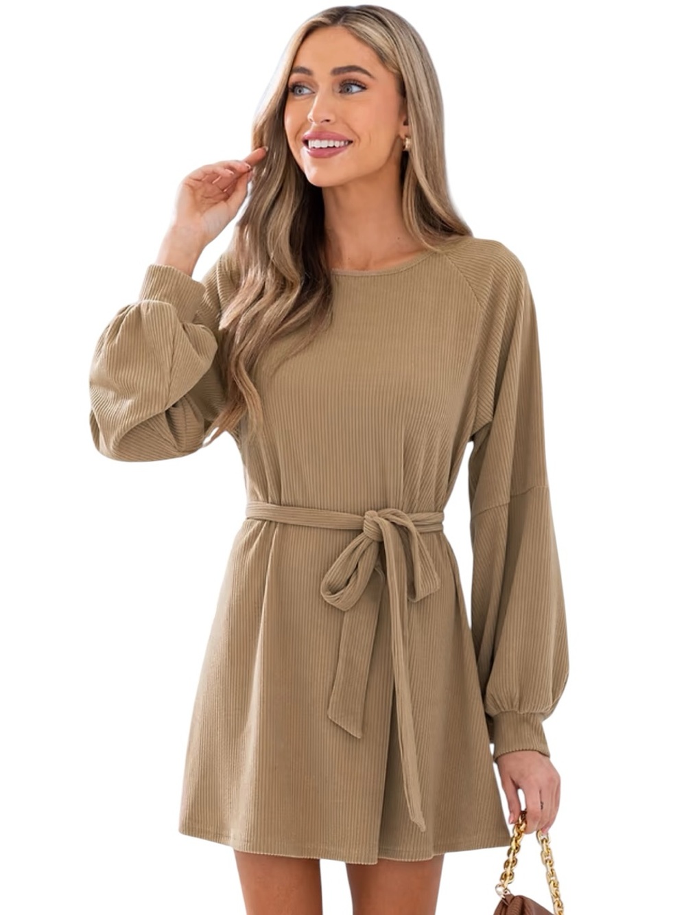 Cupshe Ribbed Tie-Waist Long Sleeve Mini Dress in Tan